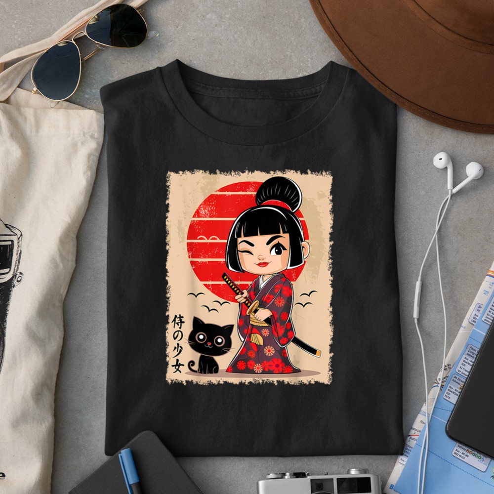 Cute Kawaii Samurai Girl and Cat Japanese Anime Kids Girls T-Shirt